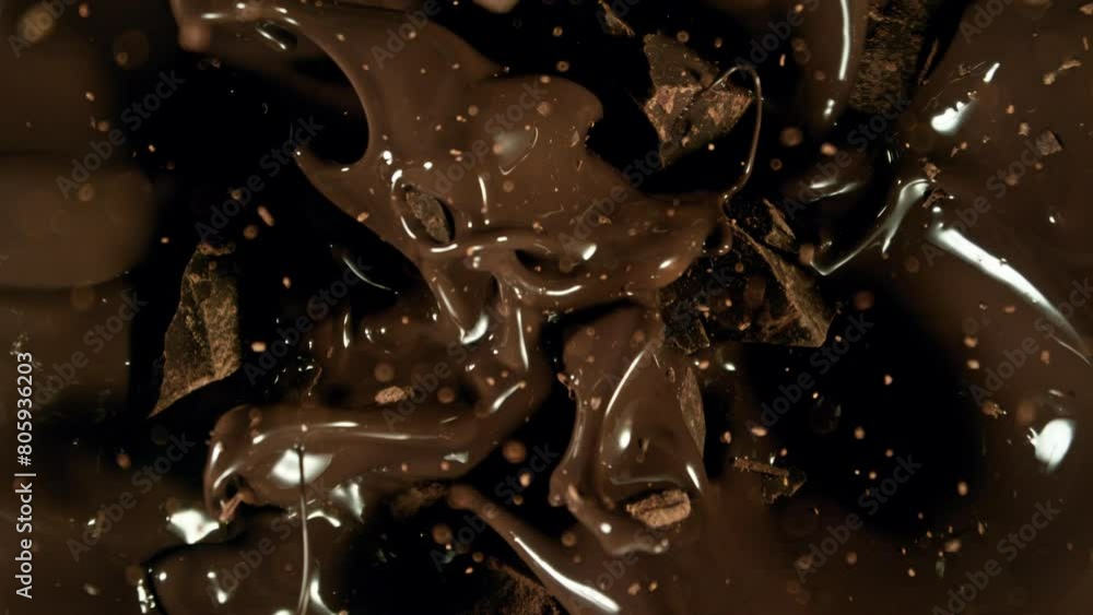 Aufkleber super slow motion of falling group of chocolate chunks. moving down and splashing into melted chocol