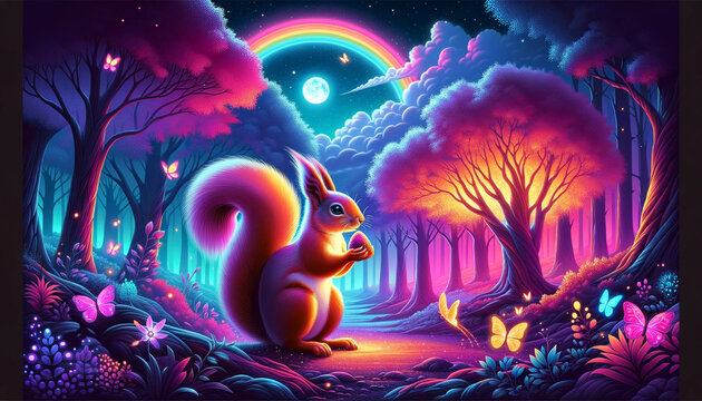 Neon-hued squirrel set within a fantastical landscape filled with rainbows