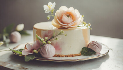 Sweet white cake decorated with flowers, wedding or birthday celebration. Close up biscuit cake