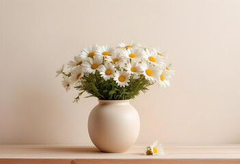 A bouquet of daisies in a ceramic vase on a wooden table with a white textured wall in the background