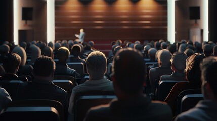 A group of people are sitting in a conference room listening to a speaker