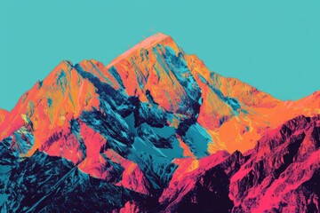 Obraz premium A jagged mountain range in bold pop art colors, contrasting with a bright turquoise sky