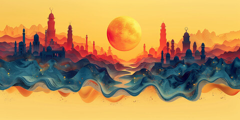 Arabic artwork depicting muslim motifs in flat illustration style.