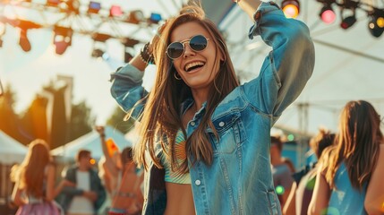 Attractive young beautiful woman dancing at a music festival party.