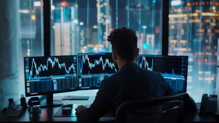 Fototapeta premium Professional Businessman Analyzing Stock Data on Computer Screens in Trading Room Background.