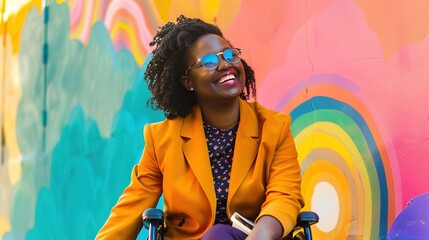 Happy African American businessman in wheelchair smiling with rainbow mural Black History Month A successful, ambitious black woman with a disability. Inclusion and Diversity