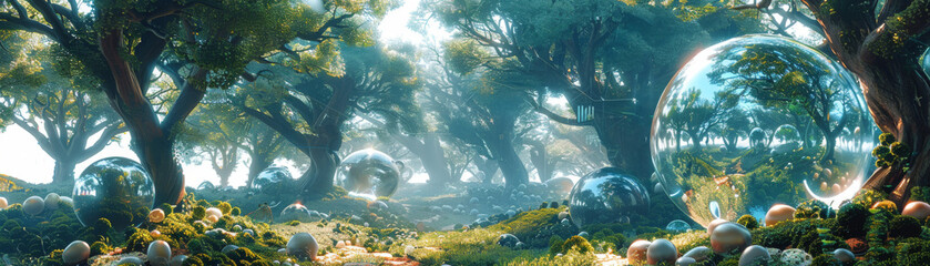 A forest with trees and a large number of small spheres