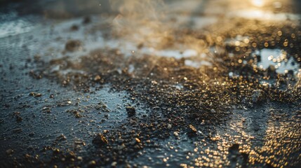 Macro shot of hot asphalt with cold raindrops evaporating quickly, urban temperature clash