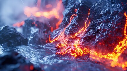 Macro shot of sizzling hot lava flowing into an icy water body, natural elements clashing