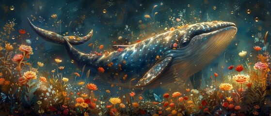 Fototapeta premium Illustration of a cute little whale with blue skin. Surrounded by seaweed and colorful flowers which is a dreamy image of a little whale