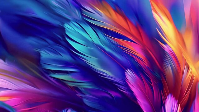 Neon feathers moving smooth. Abstract feather rainbow background. Closeup image fluffy feather under colorful pastel neon. 4k video Beautiful abstract effect