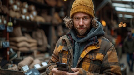 Obraz premium Skilled Carpenter Using Mobile Phone in Workshop