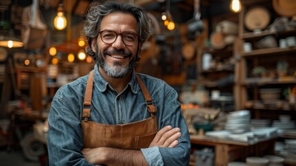 Skilled Carpenter Using Mobile Phone in Workshop