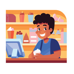 African American boy enjoys sundae ice cream parlor smiling happily. Young male dessert shop holding sweet treat, wearing casual clothes. Cheerful child curly hair inside colorful ice cream store