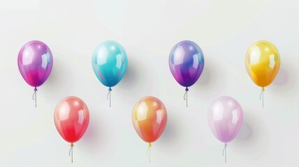 Separately hanging multi-colored balloons on a white background. Concept of holiday, surprise, celebration.