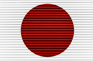 japanese flag, red painted round, circle on white tin iron corrugated wall from a metal profile of...