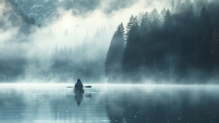 Canoeing on a foggy calm lake. Leisure. Hobby.