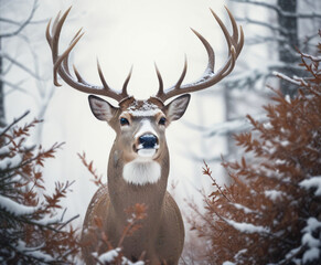 a deer with a white face and a brown nose is standing in the snow.