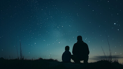 Silhouettes of a father and child stargazing 
