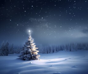 Majestic Illuminated Christmas Tree in a Snowy Winter Landscape at Night