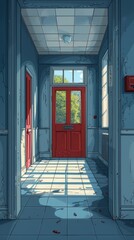 School hallway with simple vector style background with red door.