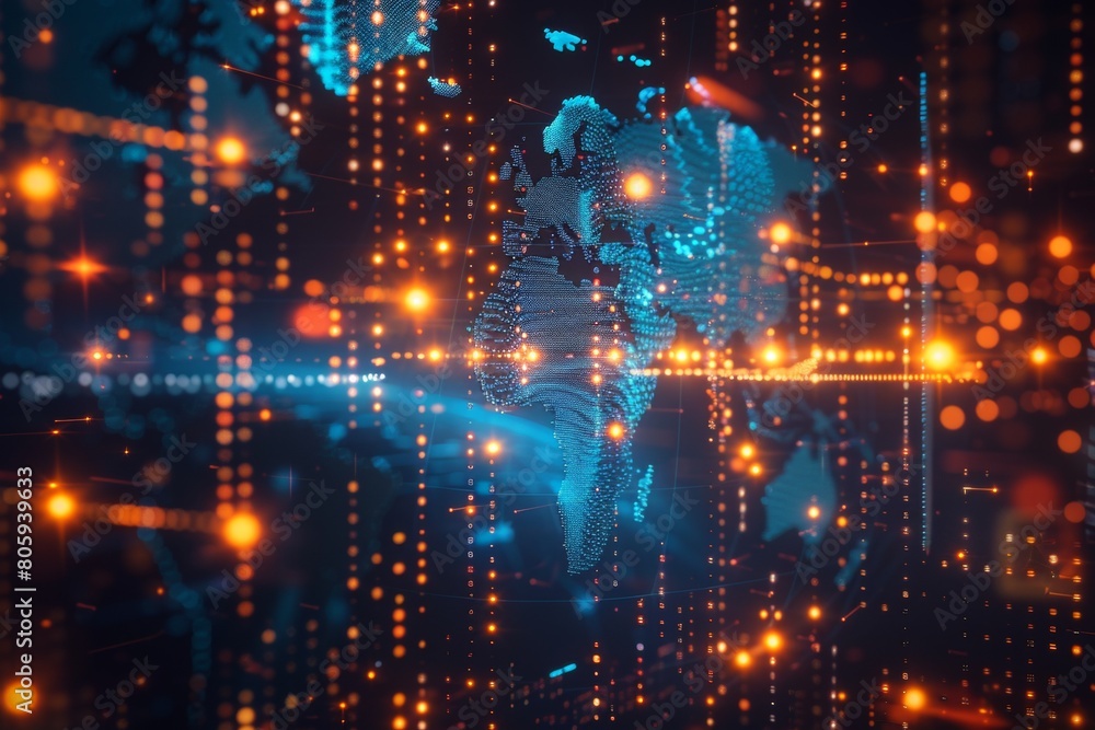 Poster a pixelated world map with chunky continents, glowing nodes representing major data hubs, pulsating 