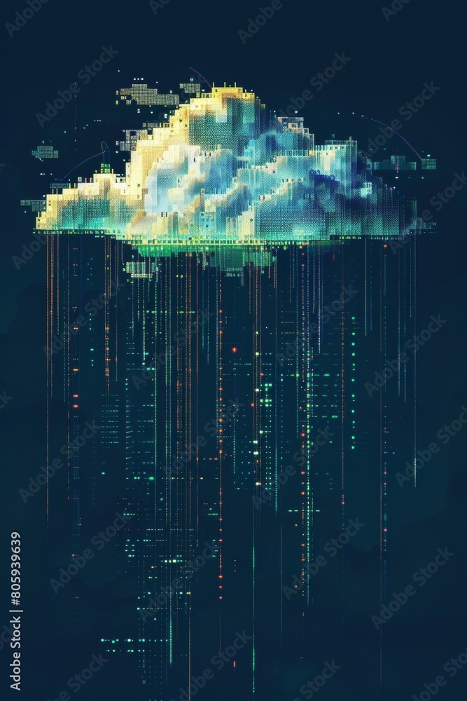 Poster a pixelated cloud dissolving into a rain of data, representing the ephemeral nature of cloud storage