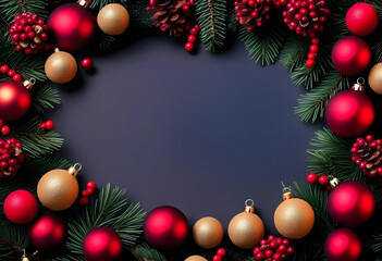 A blue background with a frame made of golden and red Christmas ornaments