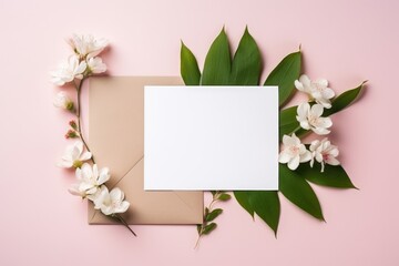A mock-up invitation concept with white spring flowers, green leaves, and an empty card on a pink backdrop. Spring Invitation Concept with Flowers and Card