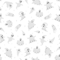Vector Halloween ghost seamless pattern. Cute white flying ghosts on white background with stars. Spooky cartoon character illustration for wrapping paper, fabric, greeting design, holiday decoration