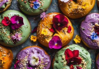 Artisanal bagels with creative toppings like edible flowers and matcha spread, reflecting gourmet trends and Instagram-worthy food, featuring vibrant colors.