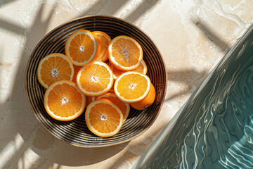 Fresh sliced oranges in a bowl on a table next to a pool of water, perfect summer refreshment concept
