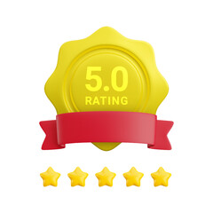 Vector 3d feedback rating concept. Cartoon 3d wavy badge icon with five star rating, red ribbon and 5 gold stars. Customer satisfaction level icon for web, game, app