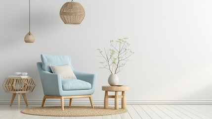 Modern interior of living room, Armchair with light blue cushion. Generative Ai