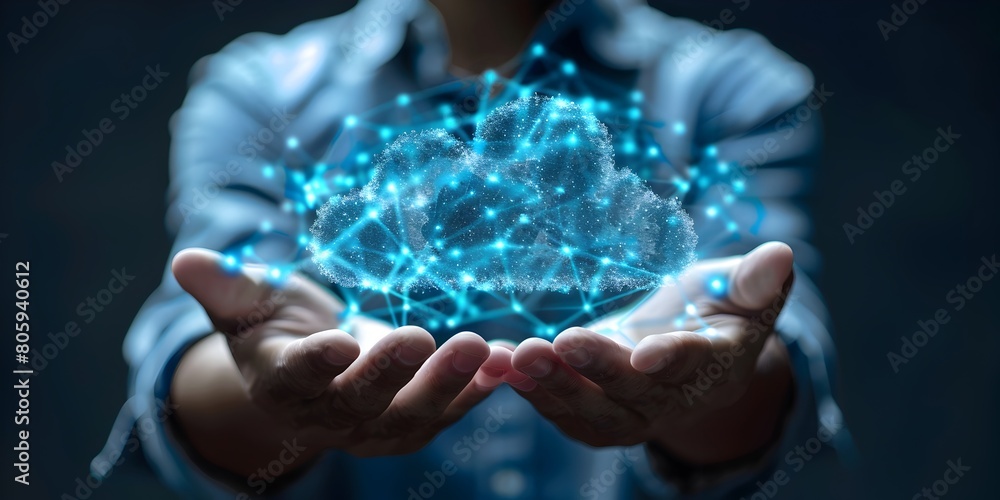 Poster cloud computing consulting business concept with glowing futuristic data sphere in hands