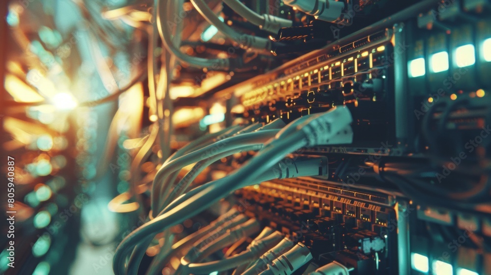 Aufkleber a pixelated tangle of brightly colored network cables behind a server rack, creating a chaotic yet n