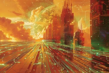 A vast, abstract circuit board landscape, pulses of energy flowing along pathways, with imposing firewall structures in the distance, vaporwave