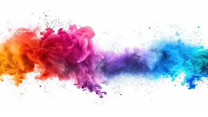 Vibrant colorful spray contrasts beautifully with white background. Smoke cloud adds depth. Texture overlays enhance text or space. Perfect for creative projects.