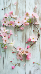 Heart-shaped arrangement of blooming cherry blossoms