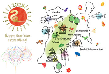 宮城県の観光地のイラストマップ年賀状2025年