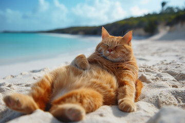 Orange fat cat relax on a sand beach lay on sand