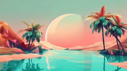 A vibrant desert oasis in pop art style, lush palm trees, turquoise water, simplified shapes