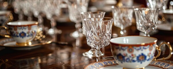 Closeup antique Chinese tea cups and crystal wine glasses, at home
