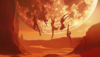 Craft a mesmerizing digital illustration of agile Martian dancers gracefully performing aerial ballet against a Martian landscape backdrop Capture the elegance and otherworldly bea