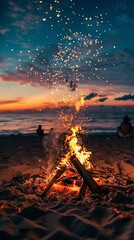 Large burning bonfire with soft glowing flame and sparkles flying all around. Romantic summer evening, people relaxing and enjoying calmness at the seaside during the Night
