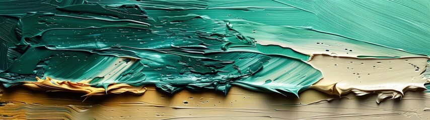 Dynamic abstract background with a mixture of green and beige oil paint strokes, can be utilized for printed materials such as brochures, flyers, and business cards.