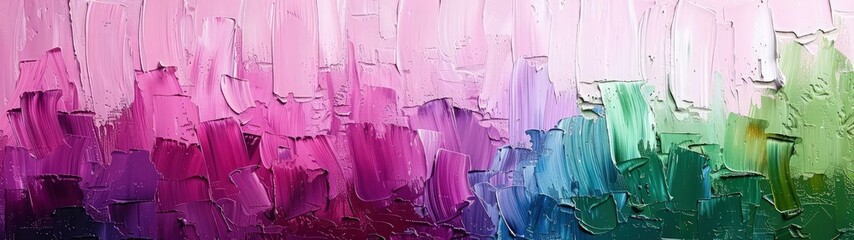 Dynamic abstract background with a mixture of green and purple oil paint strokes, can be utilized for printed materials such as brochures, flyers, and business cards.