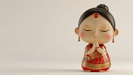 Charming stucco doll in saree, 3D render on white background with copy space. Perfect for creative projects.