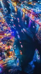 Obraz premium Aerial view of a bustling waterfront at night, illuminated boats, colorful reflections, and vibrant nightlife