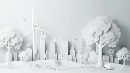 Discover a paper art style scene with trees, city buildings, wind turbine, and solar panels promoting green energy and ecology preservation. 3D rendering on white background with copy space.